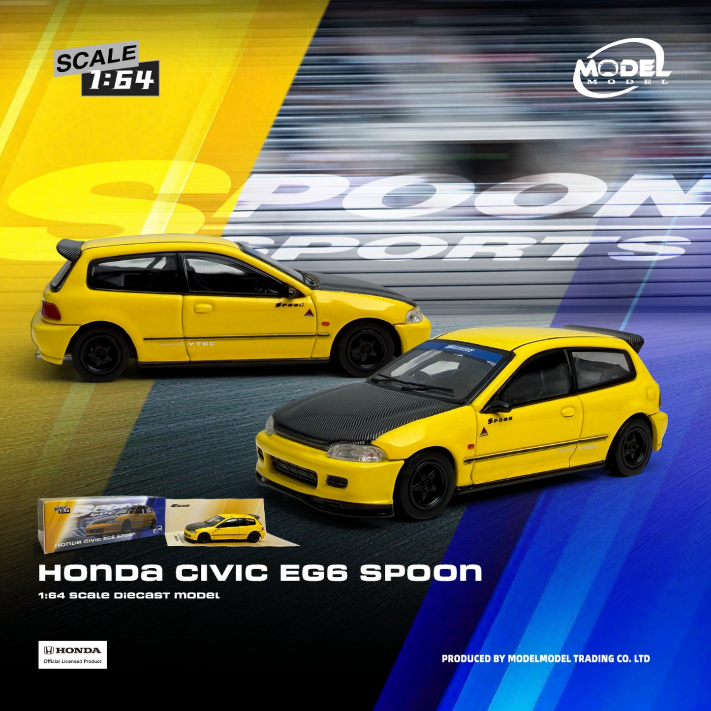 Model car of Honda Civic EG6 Spoon with racing background and branding.