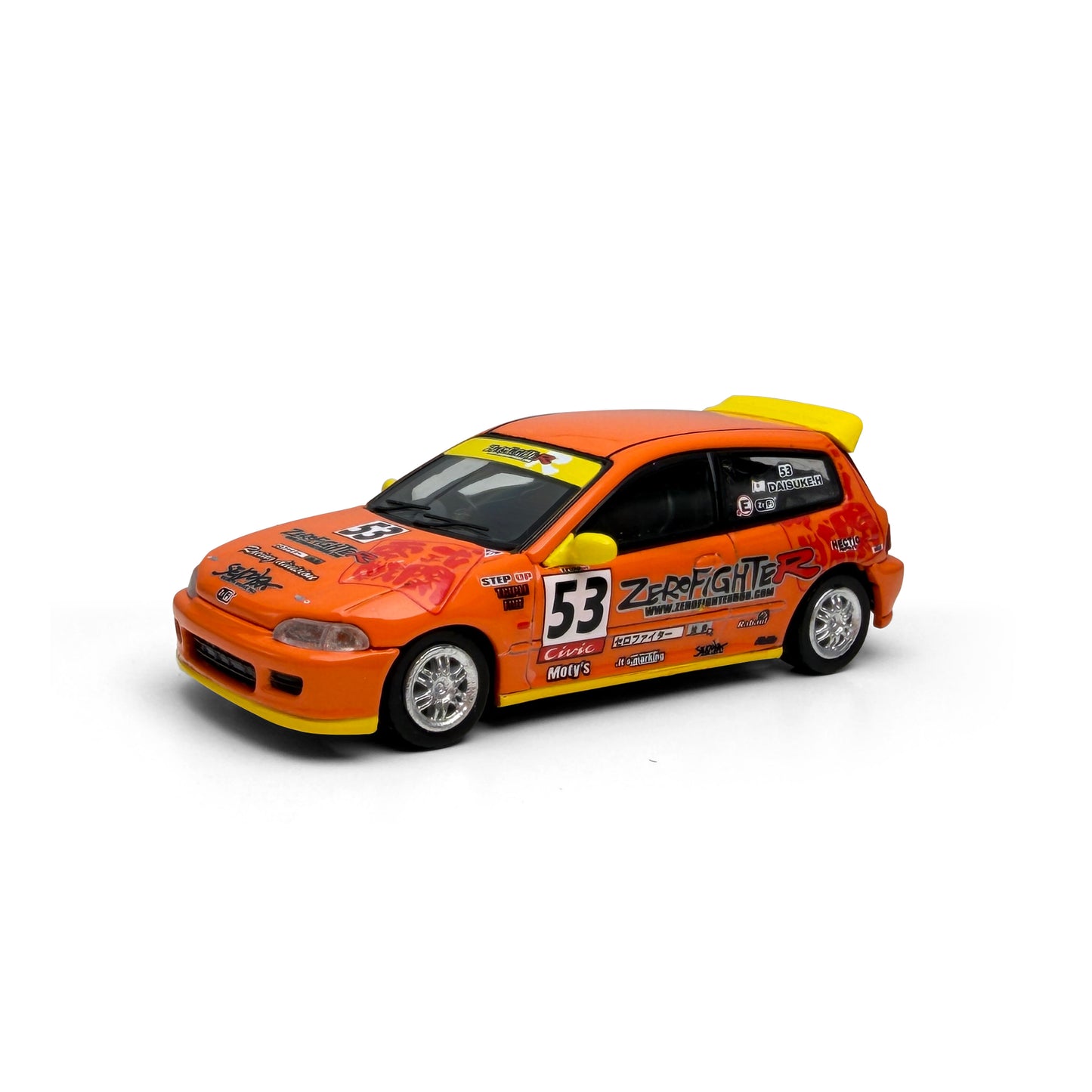 Model car with orange body and black and yellow details on a white background