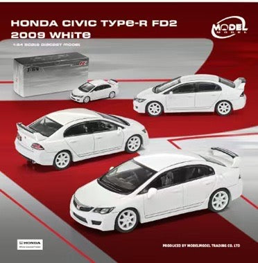 White 1/64 scale model car set of a Honda Civic Type-R FD2 (2009 White) by Model Toys, featuring three views of the die-cast model car, its packaging box, and branding logos on a red and gray background.