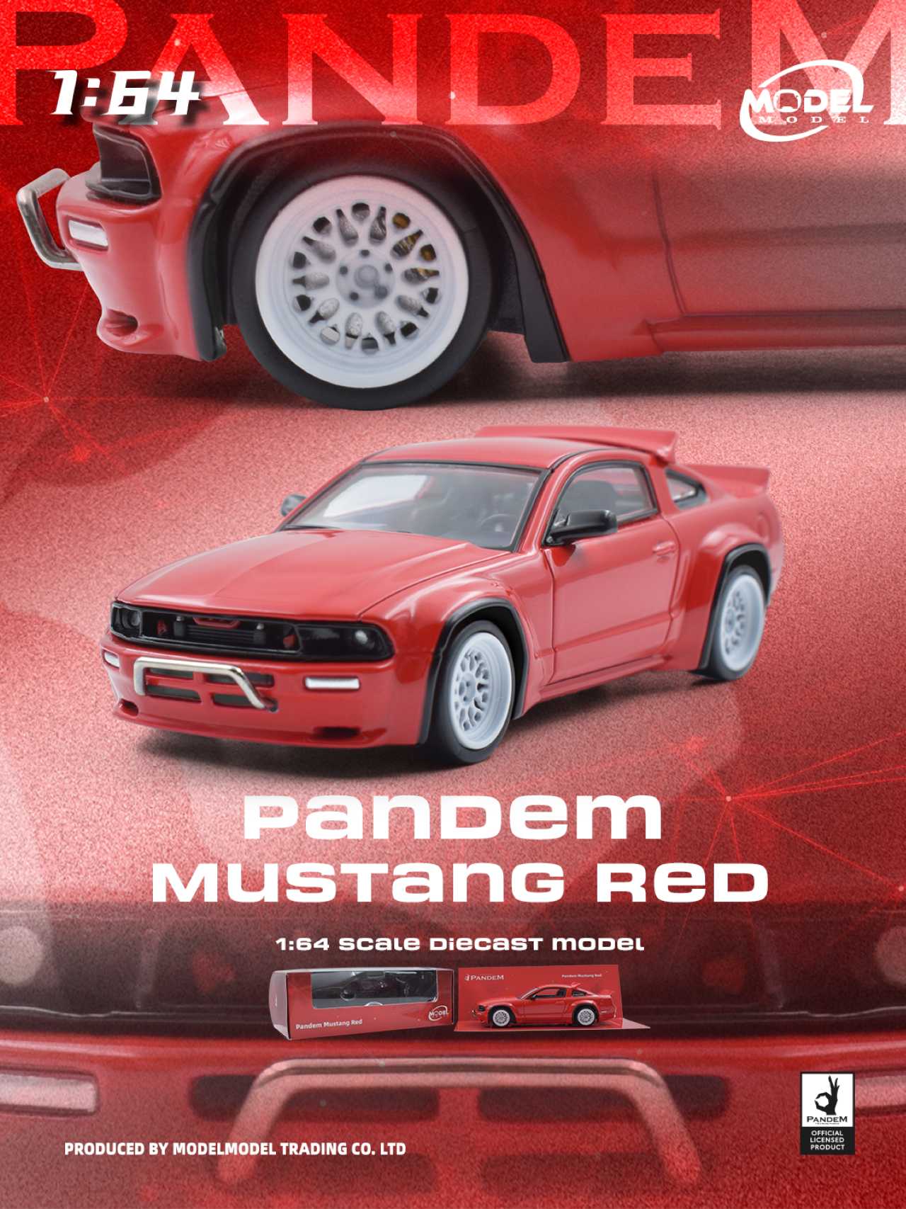 Model car of a red Pandem Mustang on a red background with branding text.