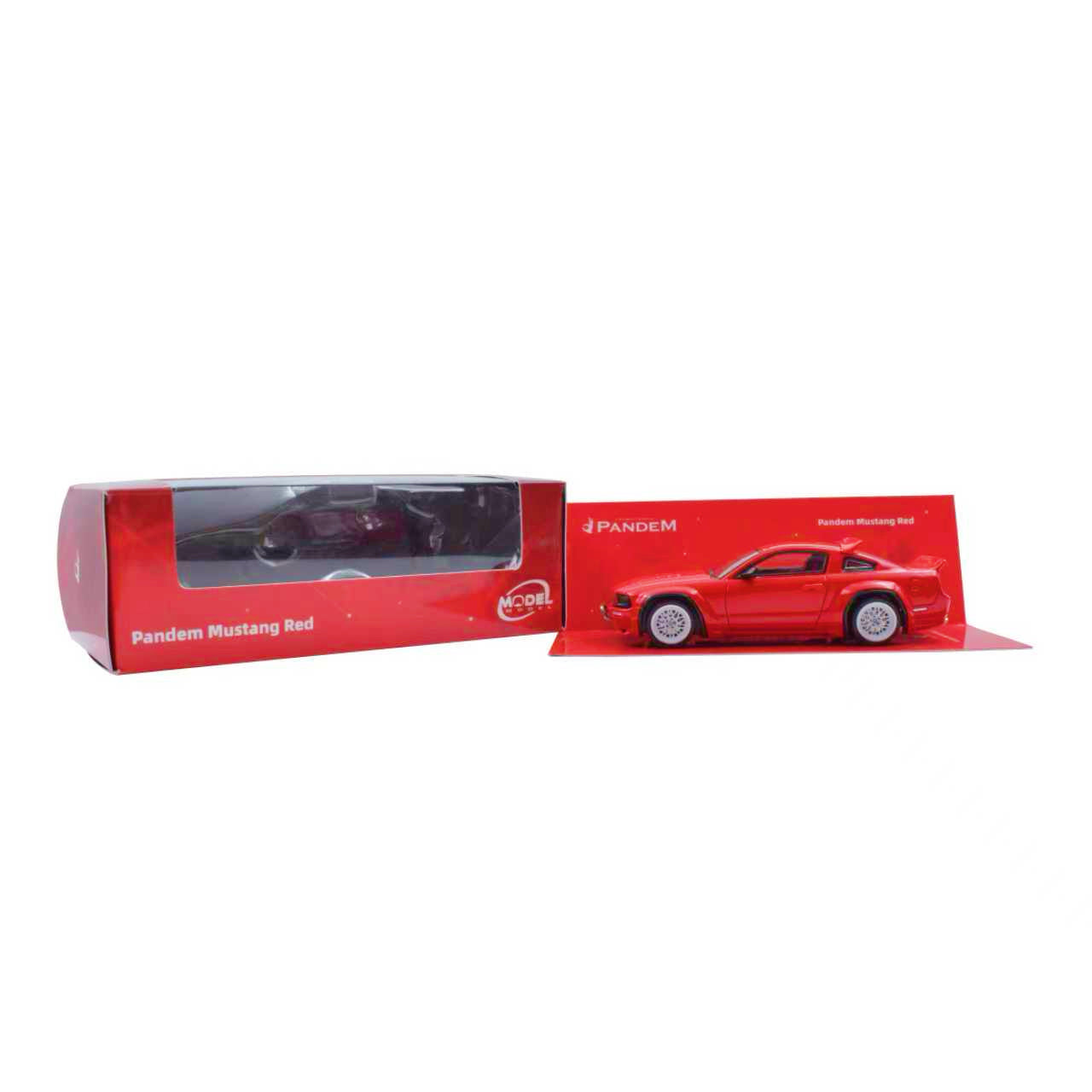 Red model car in a transparent box with 'Pandem' branding on a white background