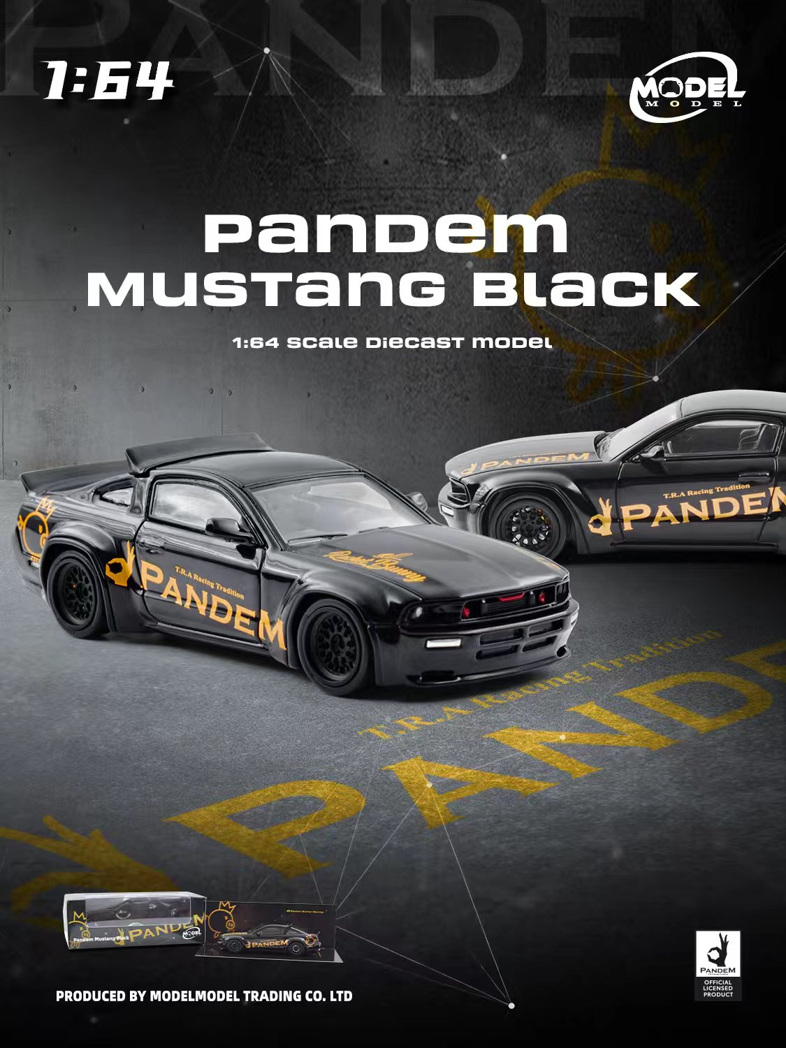 Pandem Mustang Black model car with branding on a dark background