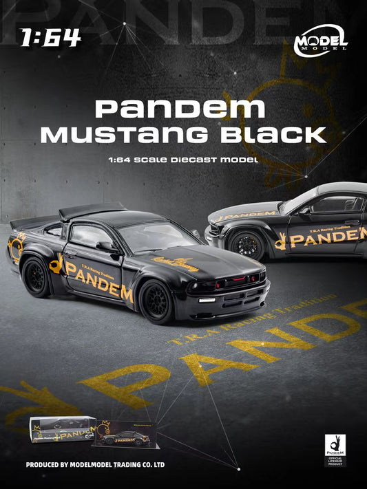 Pandem Mustang Black model car with branding on a dark background