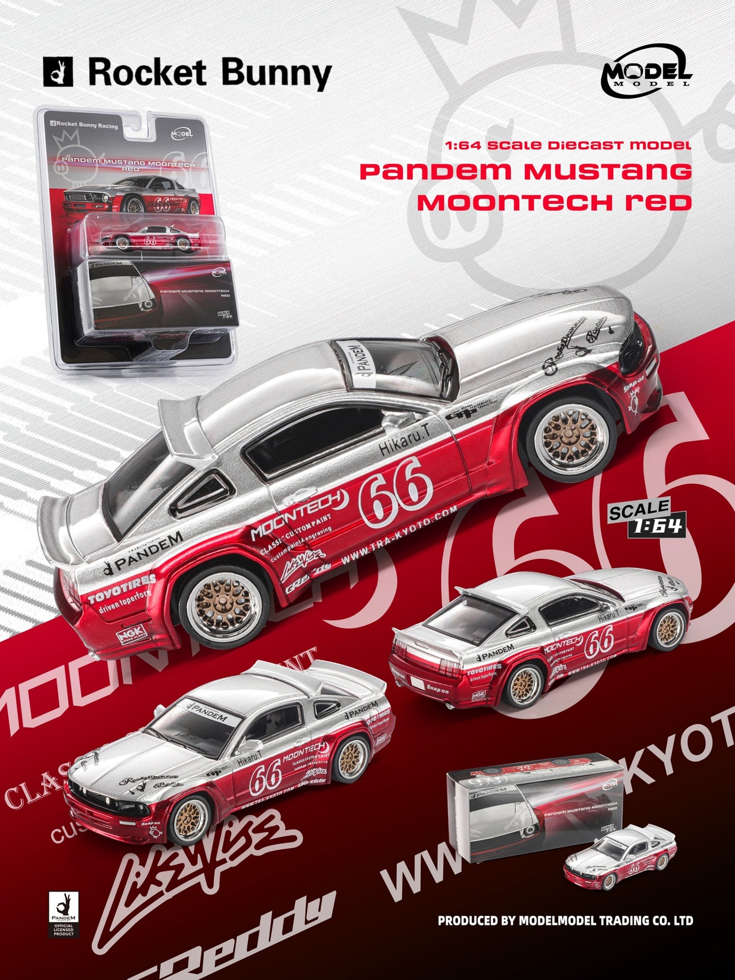 Promotional graphic for a 1:64 scale diecast model car named Rocket Bunny, showing a silver and red Pandem Mustang Moontech Red race car in multiple views, including the retail blister pack and a larger assembled view on a red and white branded background.