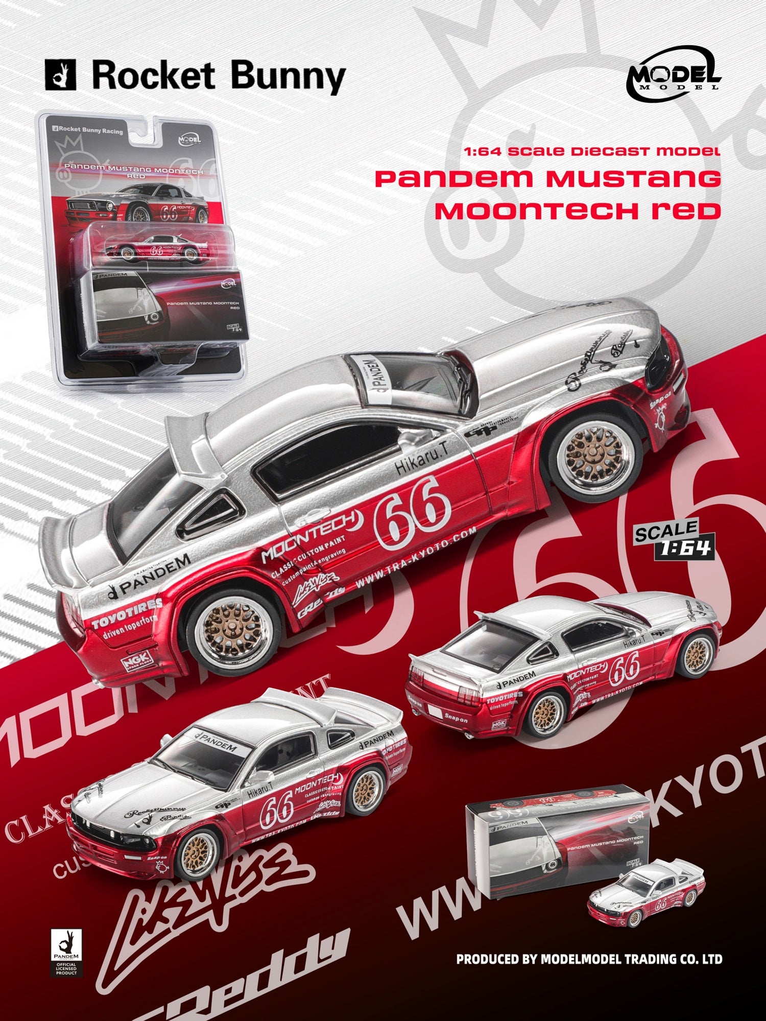 Promotional graphic for a 1:64 scale diecast model car named Rocket Bunny, showing a silver and red Pandem Mustang Moontech Red race car in multiple views, including the retail blister pack and a larger assembled view on a red and white branded background.