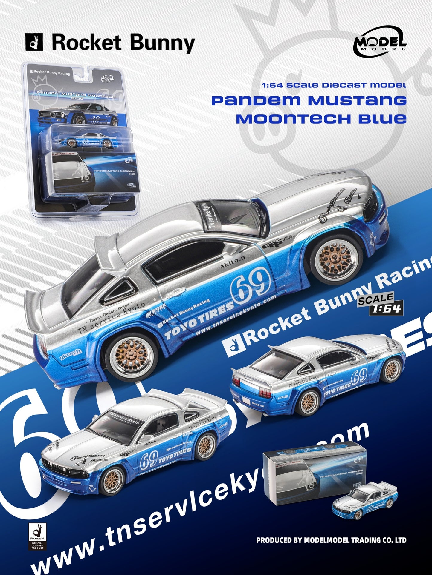 A 1:64 scale diecast model car package and product display for the Rocket Bunny Racing Pandem Mustang in Moontech Blue. The image shows the silver and blue car from multiple angles, along with its blister pack packaging and a small box.