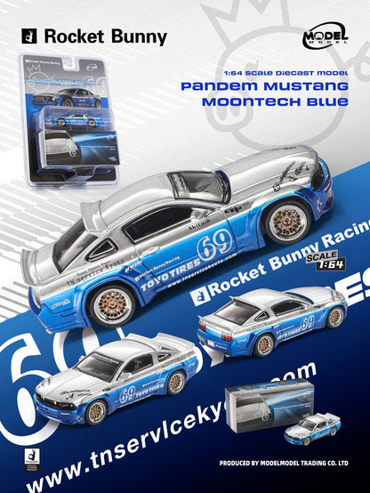 A 1:64 scale diecast model car package and product display for the Rocket Bunny Racing Pandem Mustang in Moontech Blue. The image shows the silver and blue car from multiple angles, along with its blister pack packaging and a small box.