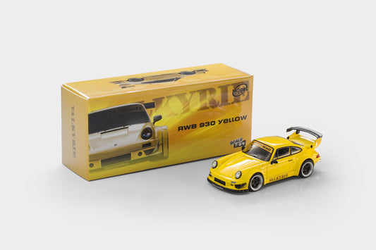 A yellow diecast model car shown next to its yellow retail box on a light gray studio background. The box features a printed image of the car and the text 'RWB 930 YELLOW'.