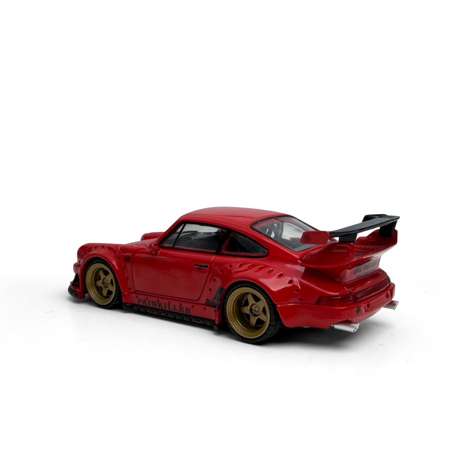 Red model car with a black roof on a white background