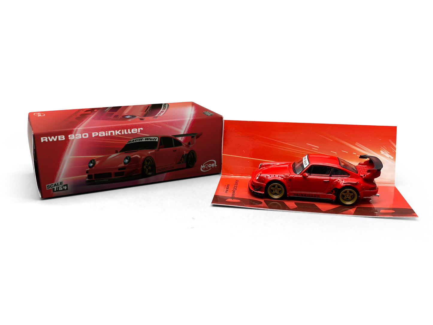 Red model car with packaging on a white background