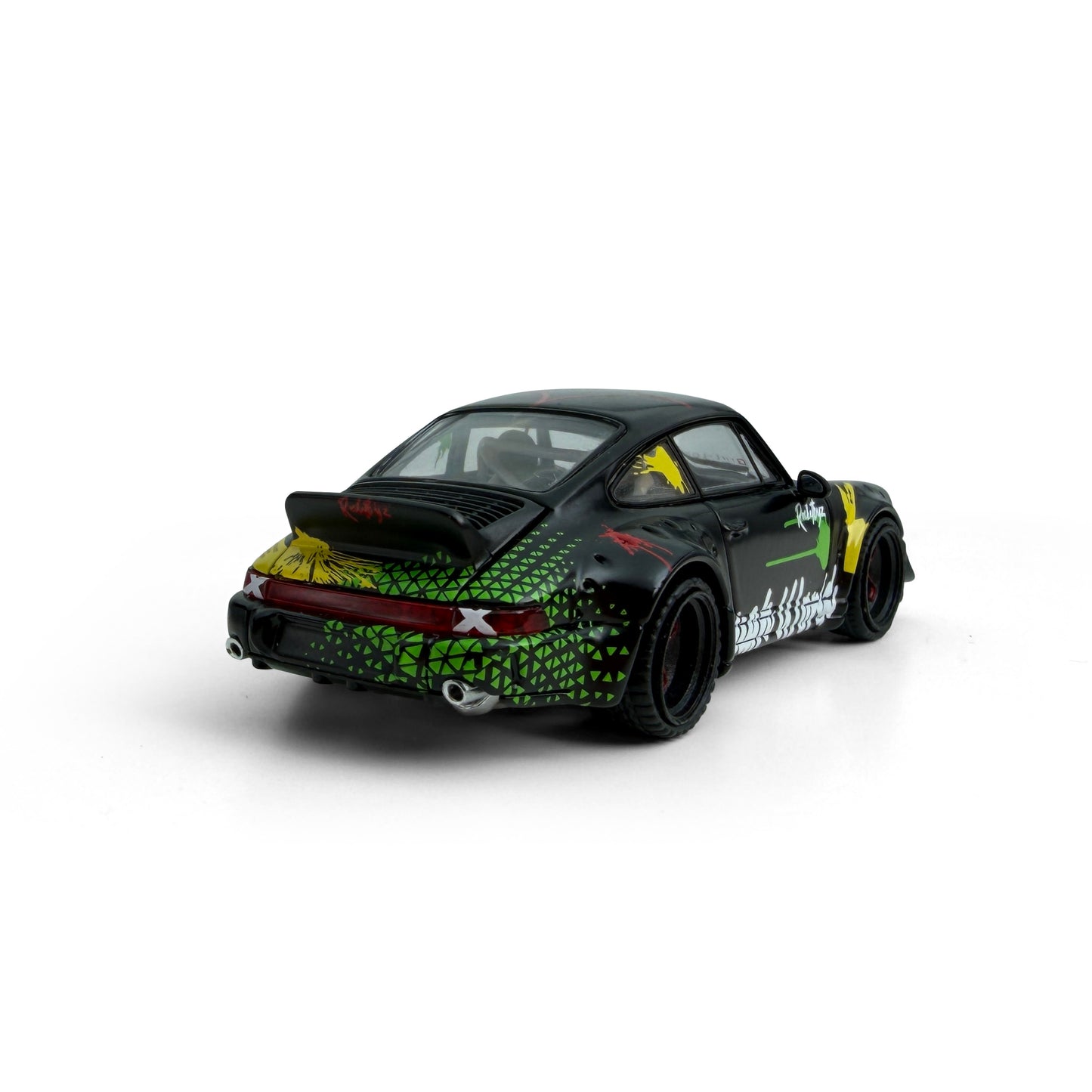 Black sports car with green and yellow design on a white background