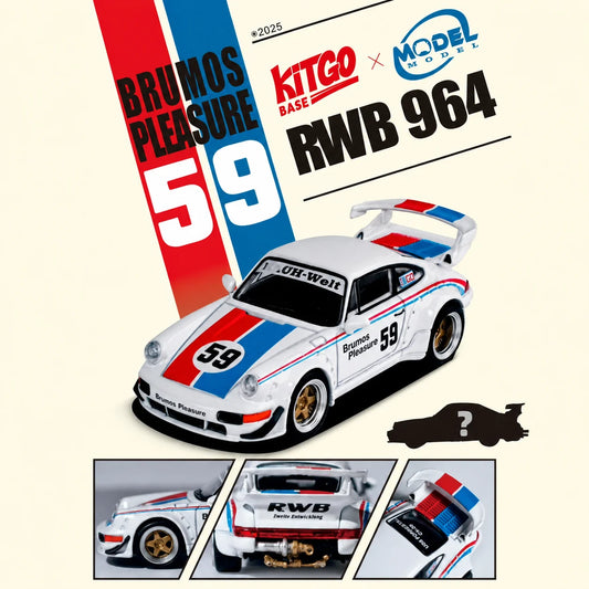 Promotional graphic for a KitGo x Modeliner Brumos Pleasure 59 RWB 964 model car, showing a white die-cast sports car with red and blue racing stripes on a cream background, with inset detail views and branding logos.