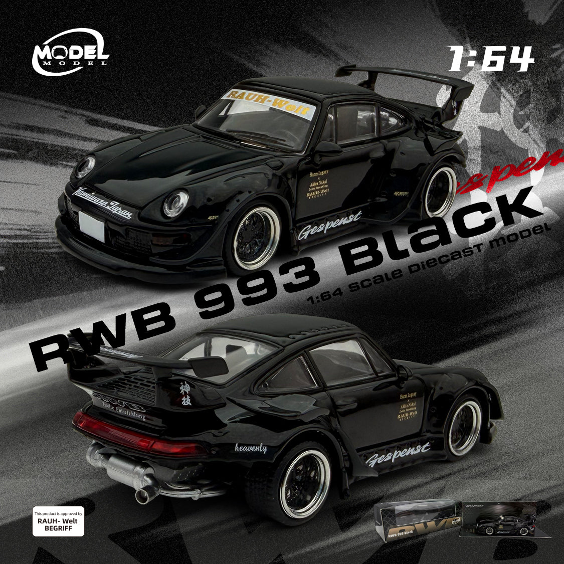 Model car of a black Porsche RWB 993 with 'Rauh-Welt Begriff' branding on a racing track background.