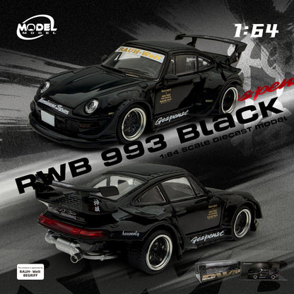 Model car of a black Porsche RWB 993 with 'Rauh-Welt Begriff' branding on a racing track background.