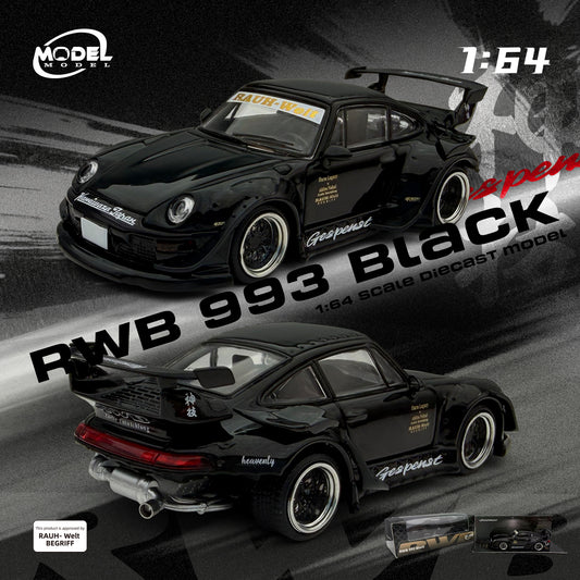 Model car of a black Porsche RWB 993 with 'Rauh-Welt Begriff' branding on a racing track background.