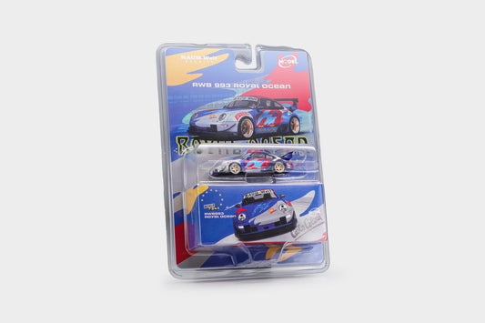 Model Model 1:64 RWB 993 Royal Ocean Porsche 911 diecast model in blue Shell racing livery, MM64-RWB993-016, blister card packaging