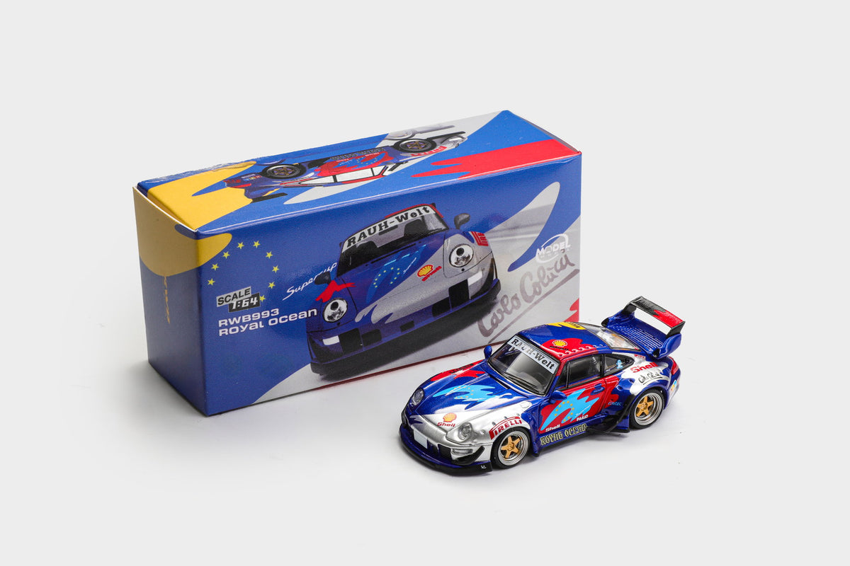 Model Model 1:64 RWB 993 Royal Ocean Porsche 911 diecast model with blue, red and silver Shell racing livery, gold wheels and display box, MM64-RWB993-016