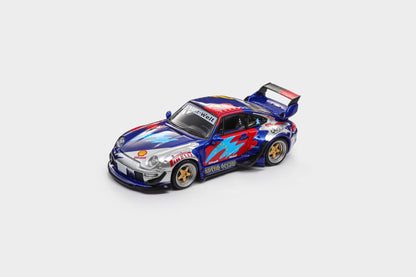 Model Model 1:64 RWB 993 Royal Ocean Porsche 911 diecast model with blue, red and silver Shell racing livery, gold wheels and large rear wing, MM64-RWB993-016