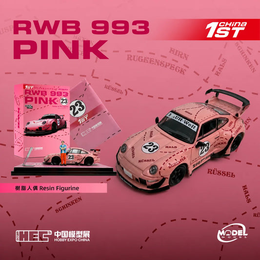 A pink RWB 993 PINK resin figurine of a Porsche 911 race car with 'RWS' and number '23' decals, shown alongside its product packaging box and a smaller scale model display on a pink background with racing-themed graphics.