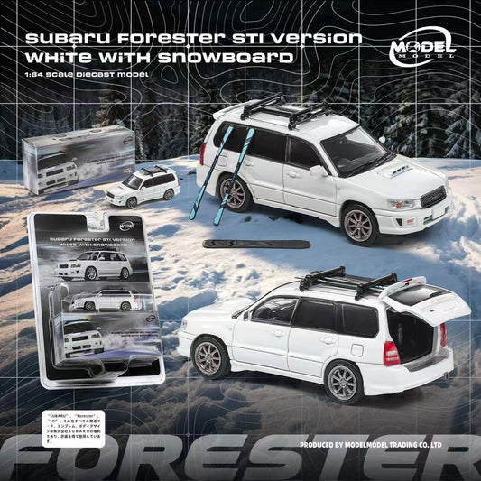 White Subaru Forester STI version diecast model car shown in multiple views, including the full car with snowboard and skis, a smaller inset of the packaged model, and the open trunk view. The image includes promotional text reading 'Subaru Forester STI Version White with Snowboard' and a 'Model World' logo.