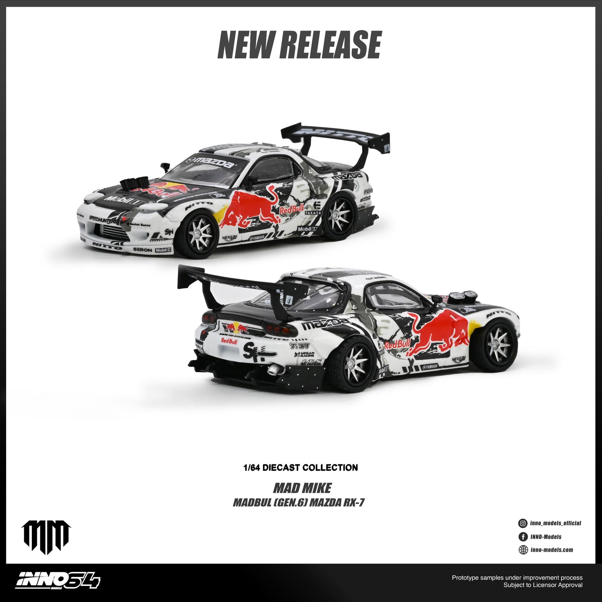 Two 1/16 scale diecast model cars shown on a white background with text reading 'NEW RELEASE' and '1/16 DIECAST COLLECTION'. The cars are white with large red bull graphics and black detailing, representing the Mad Mike Mazbul RGX-01 Mazda RX-7 from the brand HNK 34.
