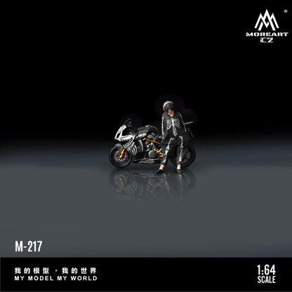 Model figure of a person in a helmet and suit next to a motorcycle on a reflective surface with 'MOREART CZ' branding.