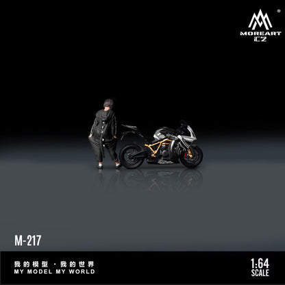 Model motorcycle and figure on a reflective surface with 'MOREART' branding.