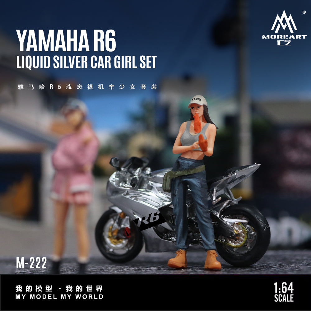 Model Yamaha R6 motorcycle with two figures on a blurred background, featuring the brand 'Moreart'.