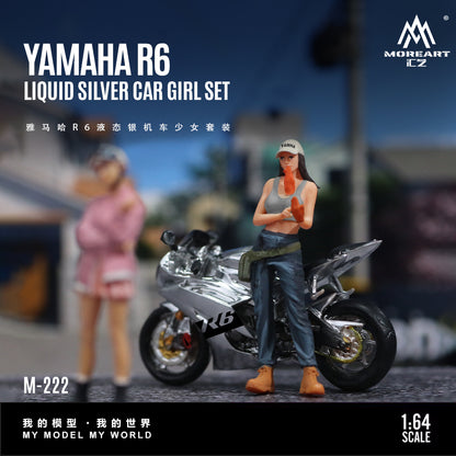 Model Yamaha R6 motorcycle with two figures on a blurred background, featuring the brand 'Moreart'.