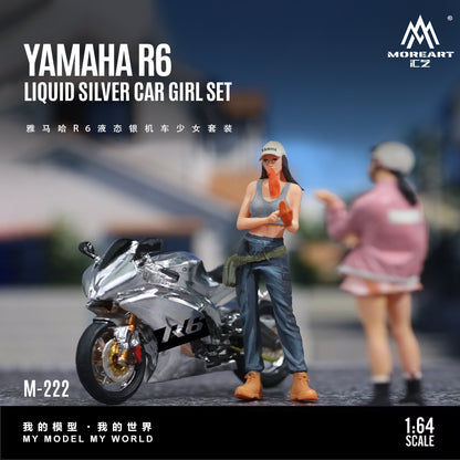 Model Yamaha R6 motorcycle with a figure of a girl holding a drink, set by MoreArt.