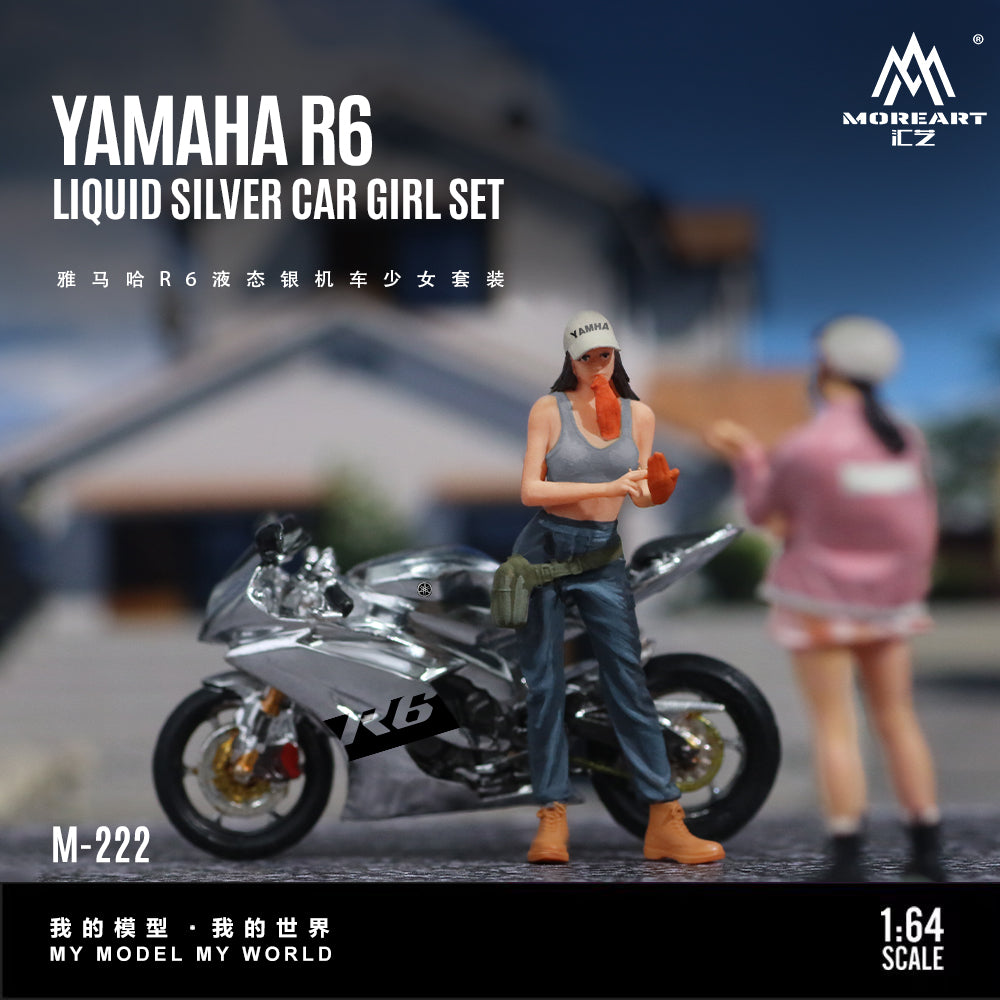 Model Yamaha R6 motorcycle with a figure of a girl on a blurred background, featuring the MoreArt brand.