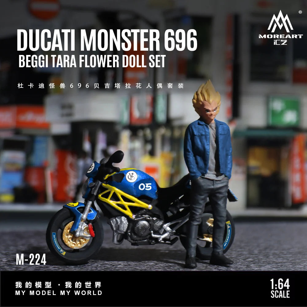 A 1:64 scale model kit packaging and display image for the Ducati Monster 696 Beggi Tara Flower Doll Set (M-224) by Moreart. The image shows a detailed miniature figure of the character Beggi Tara standing next to a scale model of the blue and yellow Ducati motorcycle on a blurred street background.