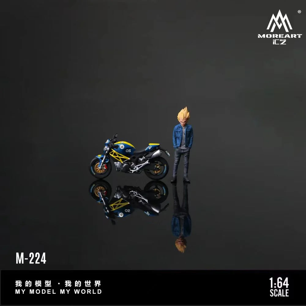 A 1:64 scale collectible model set by MOREART I.C-Z, featuring a small anime-style character with spiky blond hair in a blue jacket and a blue, yellow, and black motorcycle, displayed on a reflective dark surface.