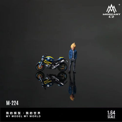 A 1:64 scale collectible model set by MOREART I.C-Z, featuring a small anime-style character with spiky blond hair in a blue jacket and a blue, yellow, and black motorcycle, displayed on a reflective dark surface.