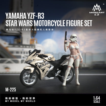 Model motorcycle and figure set with 'Yamaha YZF-R3' branding and 'Star Wars' theme.