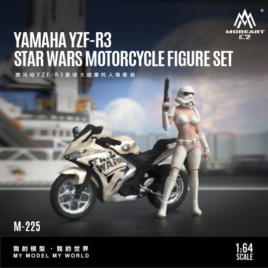 Model motorcycle and figure set with 'Yamaha YZF-R3' branding and 'Star Wars' theme.