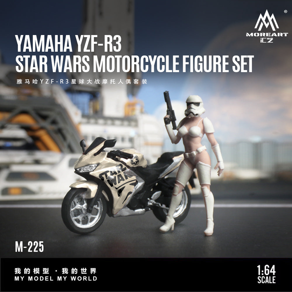 Yamaha YZF-R3 Star Wars motorcycle figure set with stormtrooper figure on a model city background.