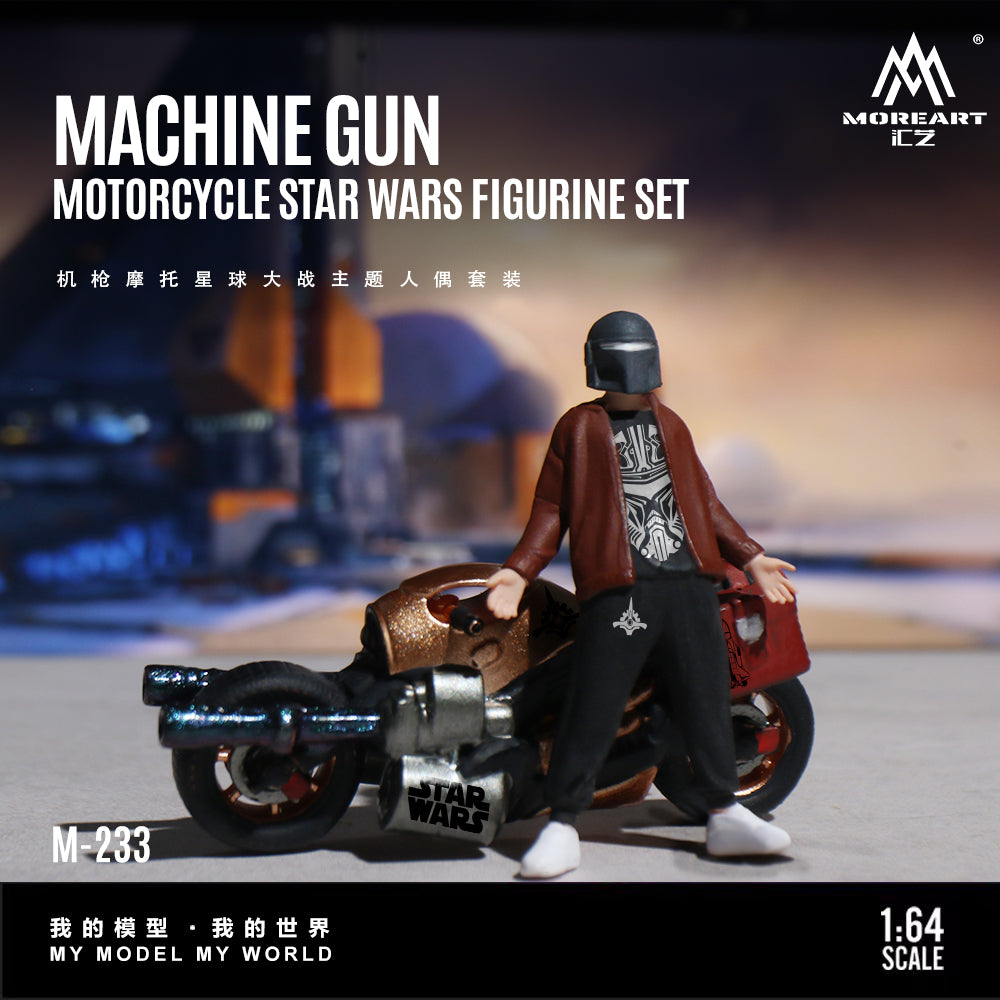 Motorcycle Star Wars figurine set with a person on a motorcycle, featuring MoreArt branding.