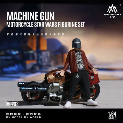 Motorcycle Star Wars figurine set with a person on a motorcycle, featuring MoreArt branding.