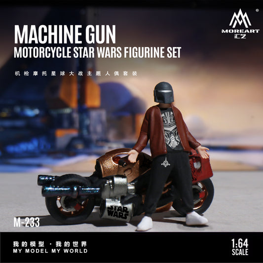 Motorcycle Star Wars figurine set with a person on a motorcycle, featuring MoreArt branding.