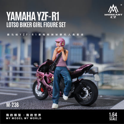 Model Yamaha YZF-R1 motorcycle with a figure of a girl on a city street background, featuring the brand 'MoreArt'.