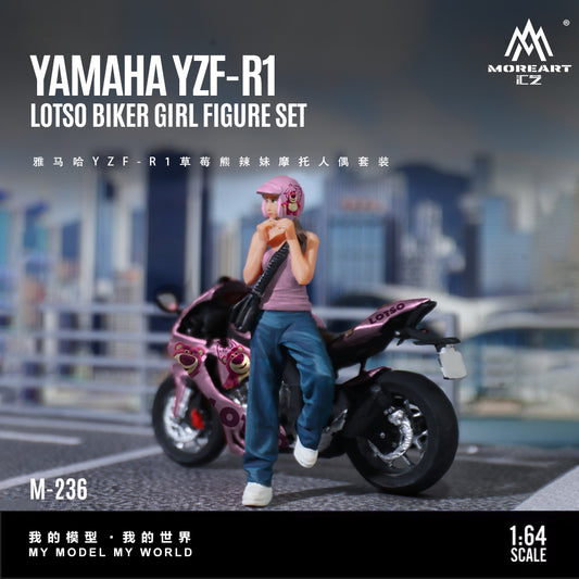 Model Yamaha YZF-R1 motorcycle with a figure of a girl on a city street background, featuring the brand 'MoreArt'.