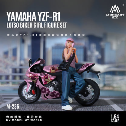 Model Yamaha YZF-R1 motorcycle with a figure of a girl on a city street background, featuring the brand 'MoreArt'.