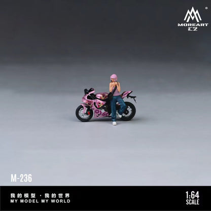 Model motorcycle with rider on a gray background, featuring the brand 'MOREART'.