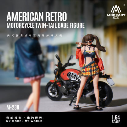 American Retro Motorcycle Twin-Tail Babe figure by Moreart EZ, shown in a 1:64 scale collectible model. The figure is depicted wearing a red jacket, a yellow and black plaid pleated skirt, and sunglasses, standing next to a red and black BMW motorcycle in a blurred street setting.