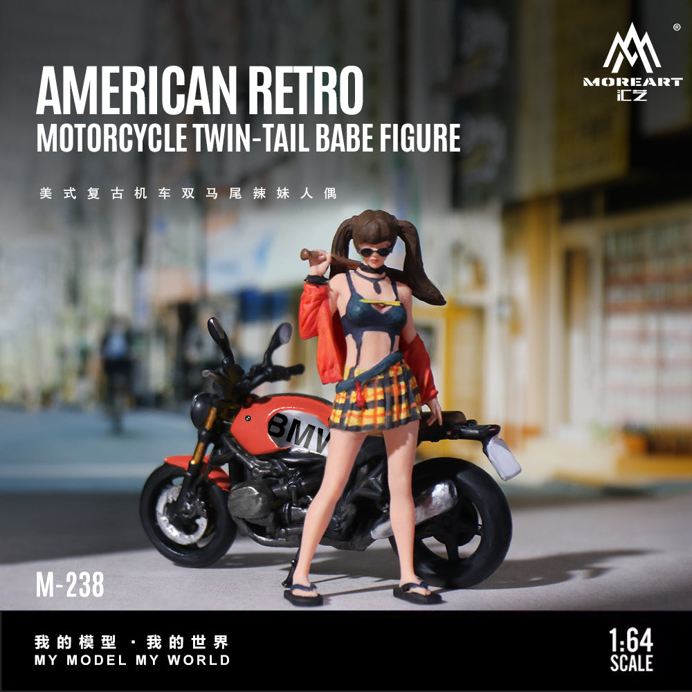 American Retro Motorcycle Twin-Tail Babe figure 1:64 scale model, shown standing next to a red and black BMW motorcycle on a blurred street background. The figure has long brown pigtails, sunglasses, a blue crop top, orange jacket, and a yellow plaid skirt.