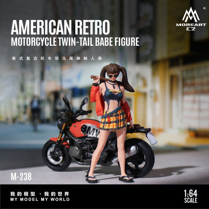 American Retro Motorcycle Twin-Tail Babe figure 1:64 scale model, shown standing next to a red and black BMW motorcycle on a blurred street background. The figure has long brown pigtails, sunglasses, a blue crop top, orange jacket, and a yellow plaid skirt.