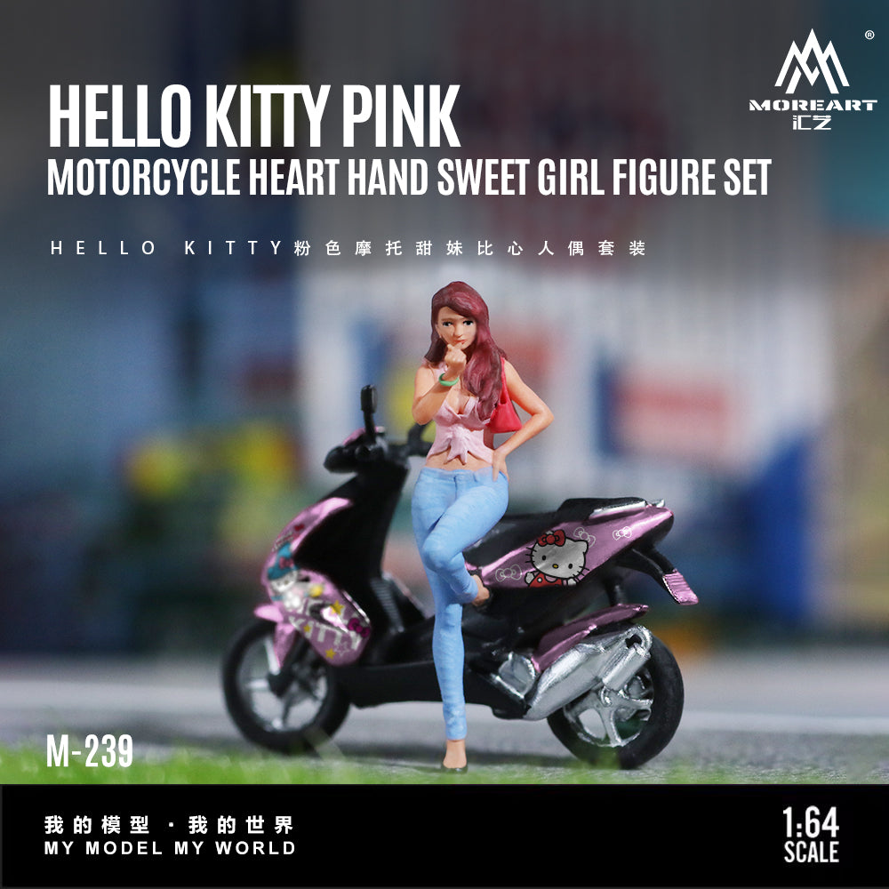 MoreArt 1:64 Hello Kitty Pink Motorcycle Heart Hand Sweet Girl Figure Set M-239 featuring a female figure making a finger heart gesture in front of a pink Hello Kitty scooter, designed for 1:64 scale diecast model car dioramas and miniature displays.