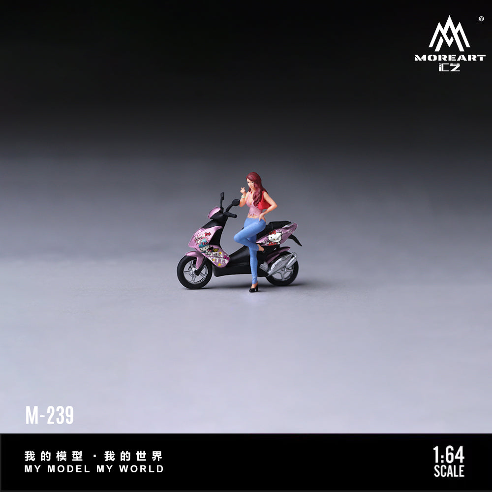 MoreArt 1:64 Hello Kitty Pink Motorcycle Heart Hand Sweet Girl Figure Set M-239 displayed in a lifestyle scene featuring a female figure with a pink Hello Kitty scooter, designed for 1:64 scale diecast model car dioramas and miniature displays.