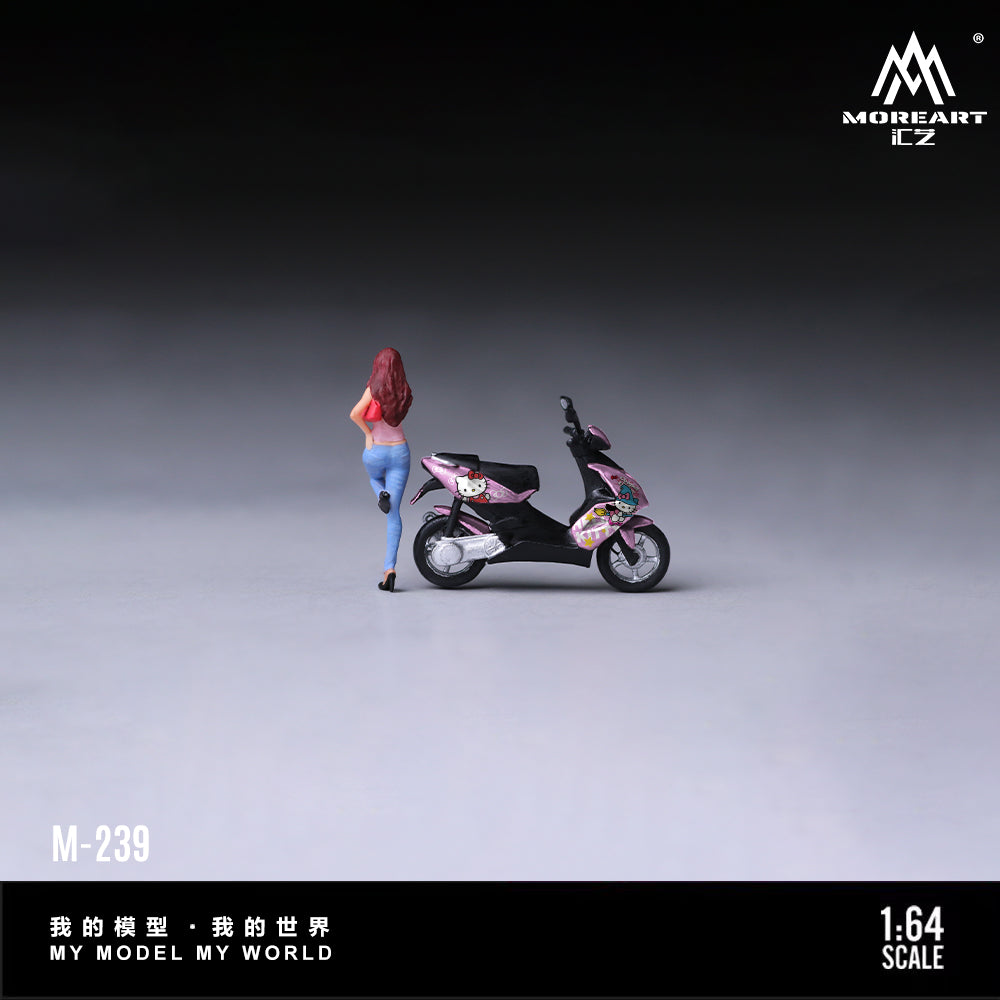 MoreArt 1:64 Hello Kitty Pink Motorcycle Heart Hand Sweet Girl Figure Set M-239 displayed from the rear, featuring a female figure walking beside a pink Hello Kitty scooter, designed for 1:64 scale diecast model car dioramas and miniature displays.
